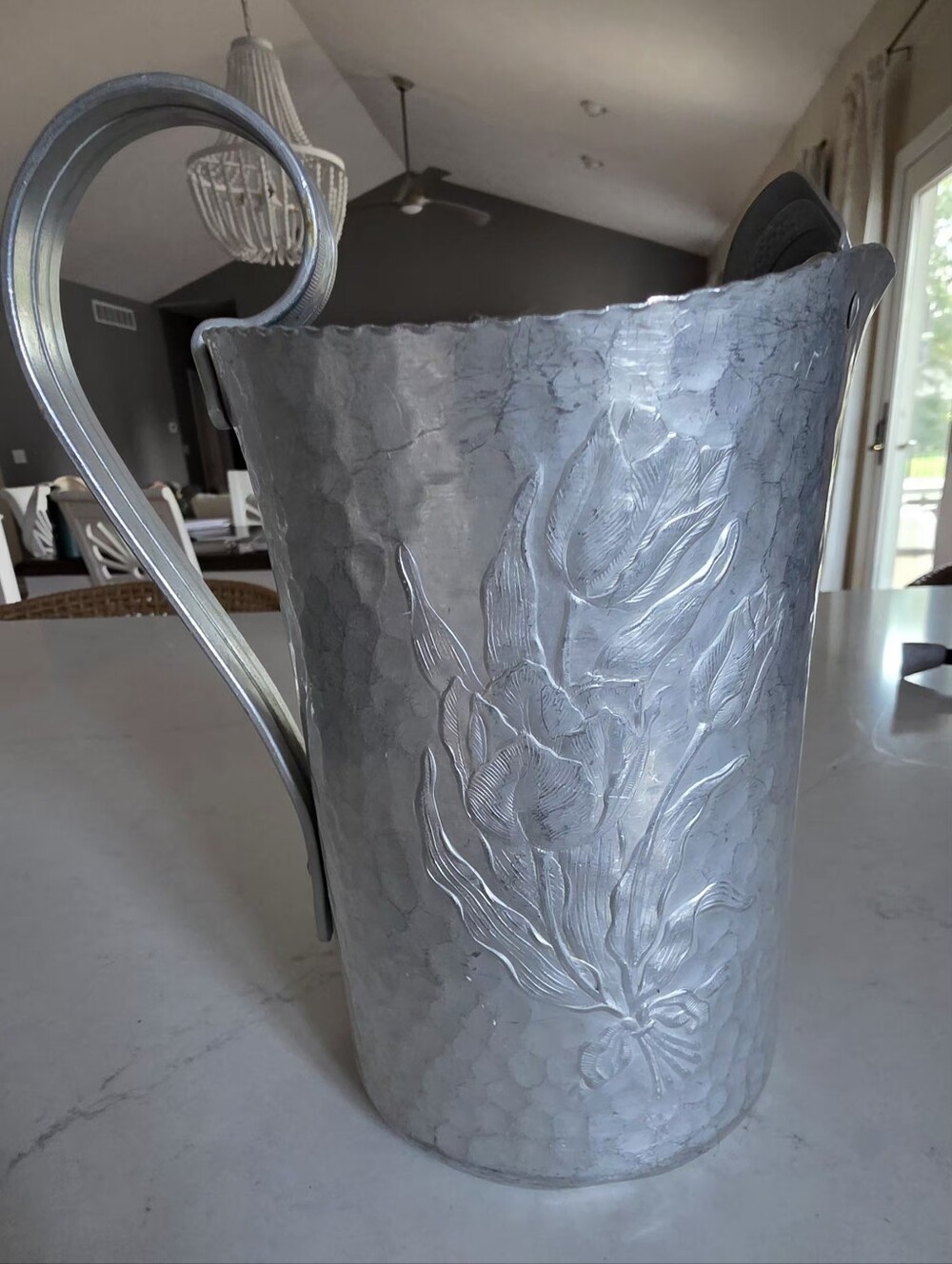 Vintage Aluminum Pitcher Hammered Floral Tulip Embossed, Swing Handle